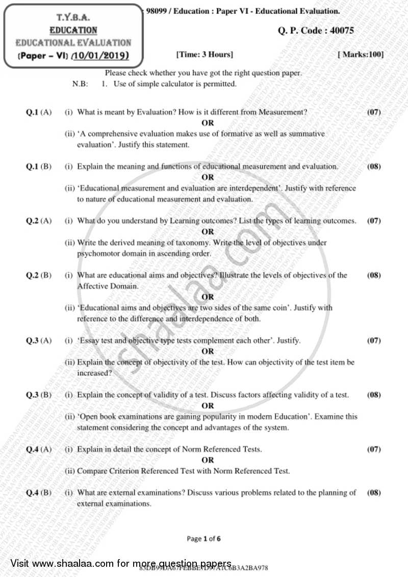 Educational Evaluation 2018-2019 - B.A. - 3rd Year (TYBA) - University of Mumbai question paper with PDF download