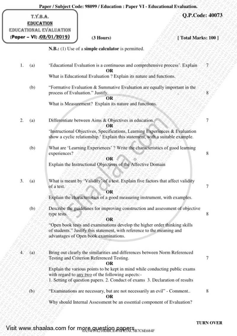 Educational Evaluation 2018-2019 - B.A. - 3rd Year (TYBA) - University of Mumbai question paper with PDF download