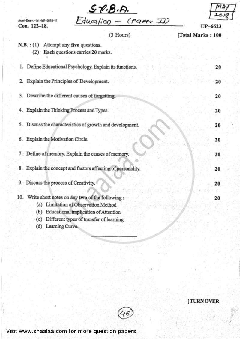 Educational Psychology 2017-2018 - B.A. - 2nd Year (SYBA) - University of Mumbai question paper with PDF download