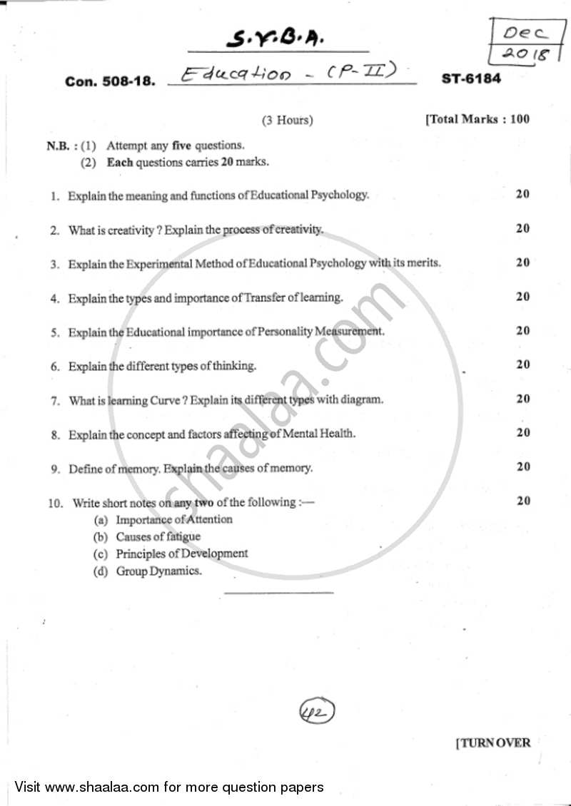 Educational Psychology 2017-2018 - B.A. - 2nd Year (SYBA) - University of Mumbai question paper with PDF download