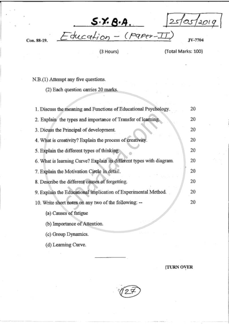 Educational Psychology 2018-2019 - B.A. - 2nd Year (SYBA) - University of Mumbai question paper with PDF download