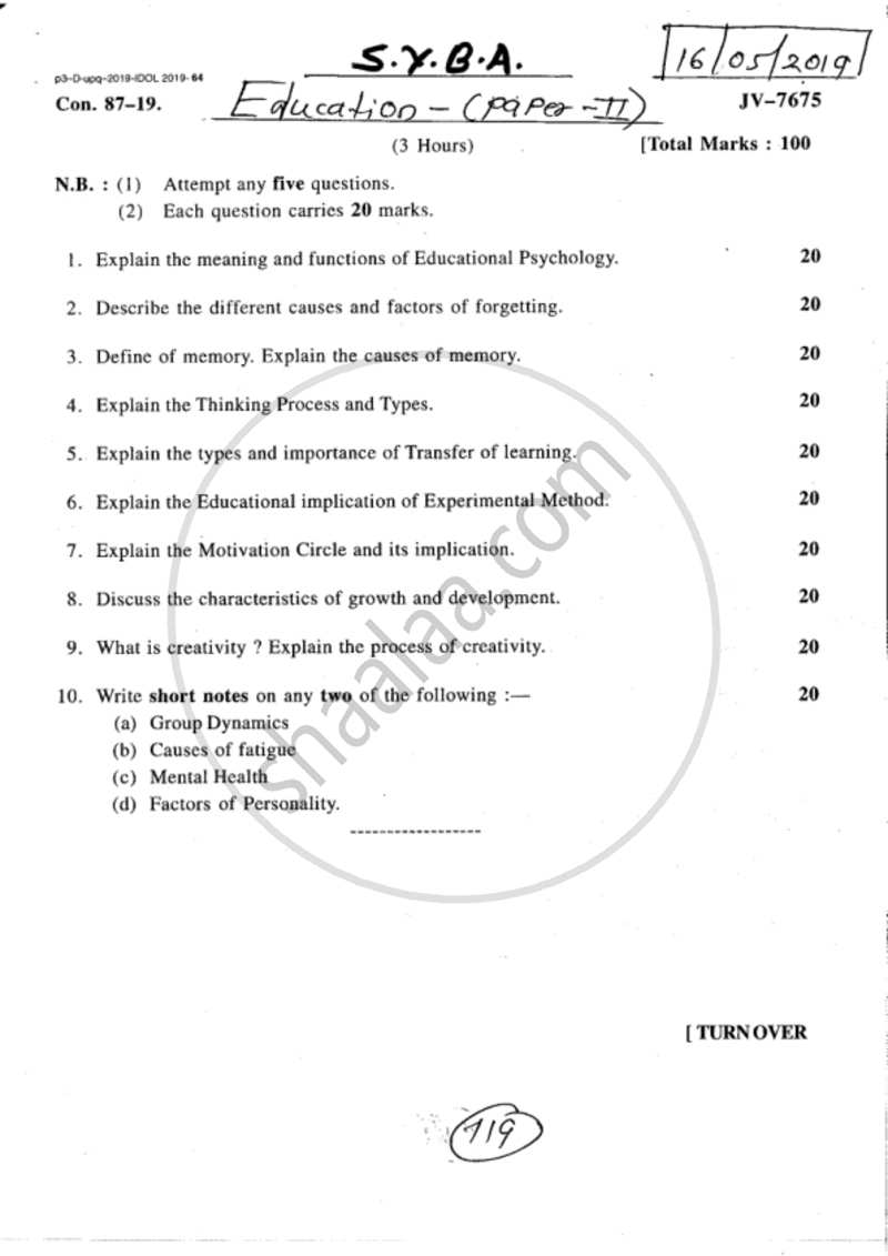 Educational Psychology 2018-2019 - B.A. - 2nd Year (SYBA) - University of Mumbai question paper with PDF download