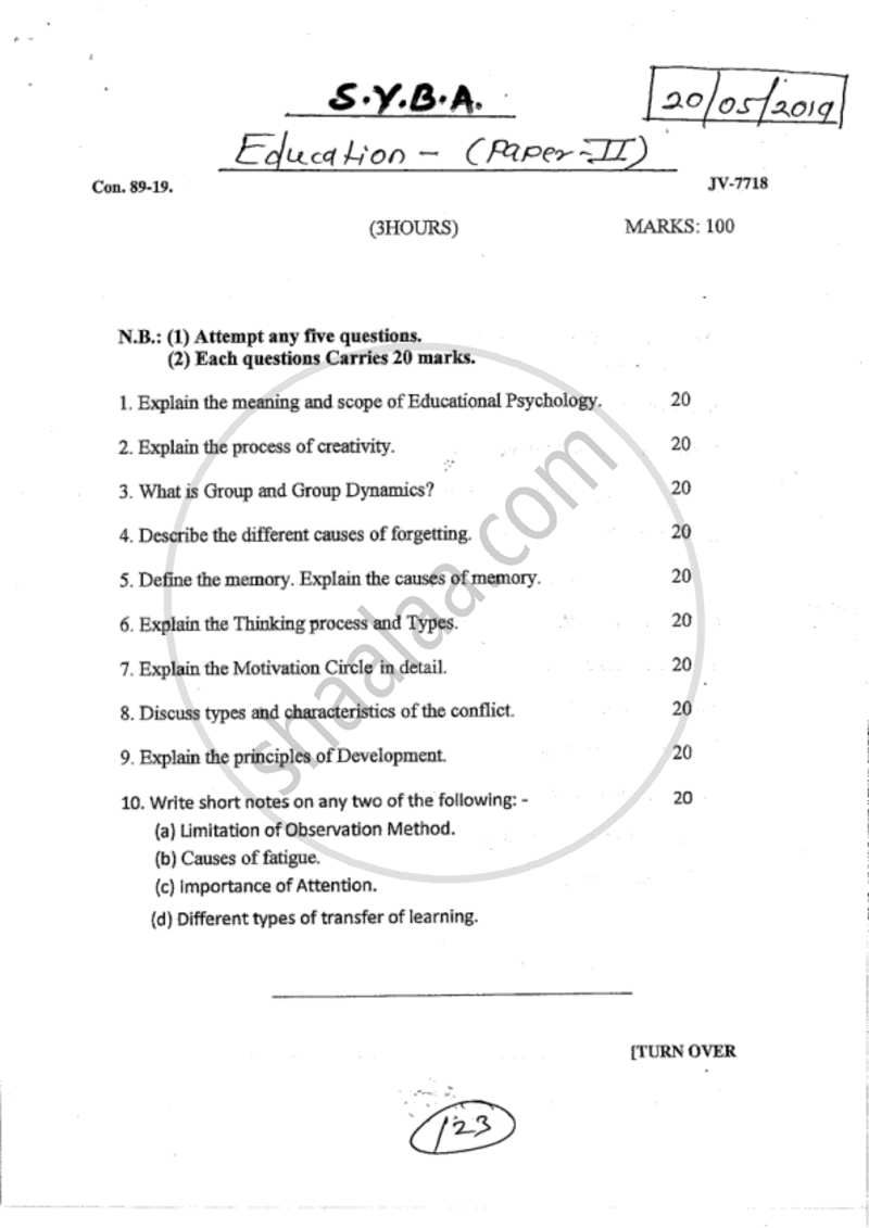 Educational Psychology 2018-2019 - B.A. - 2nd Year (SYBA) - University of Mumbai question paper with PDF download