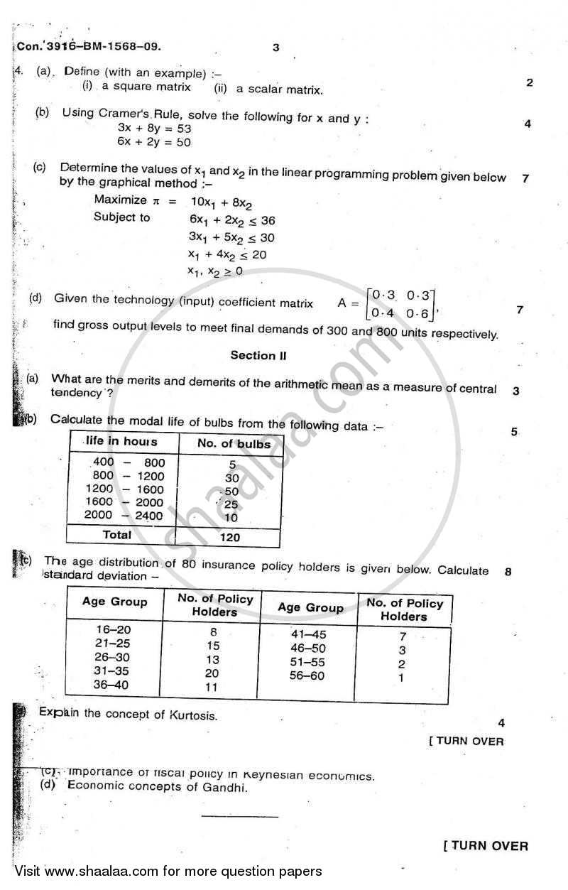 Elementary Mathematics and Statistics for Economic Analysis 2009-2010 - B.A. - Semester 6 (TYBA) - University of Mumbai question paper with PDF download