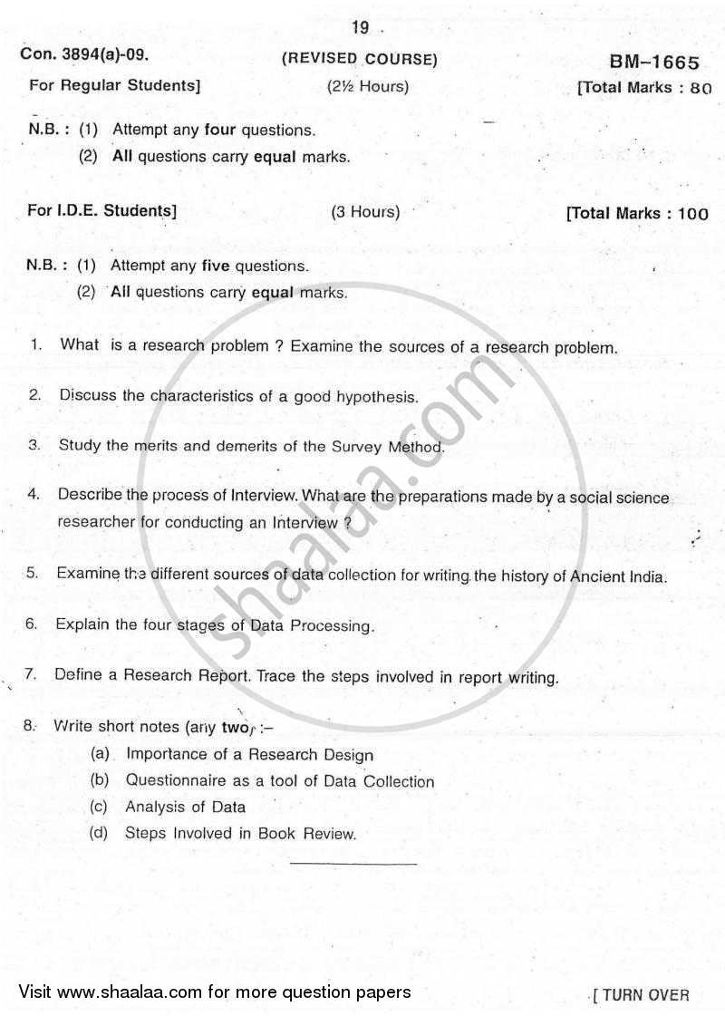 Elements of Research Methodology 2009-2010 - B.A. - 3rd Year (TYBA) - University of Mumbai question paper with PDF download