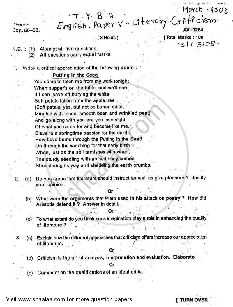 English Language and Literary Criticism 2007-2008 - B.A. - 3rd Year (TYBA) - University of Mumbai question paper with PDF download