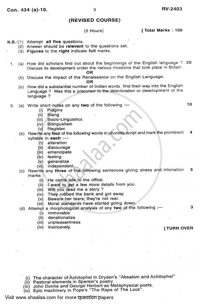English Language and Literary Criticism 2009-2010 - B.A. - 3rd Year (TYBA) - University of Mumbai question paper with PDF download