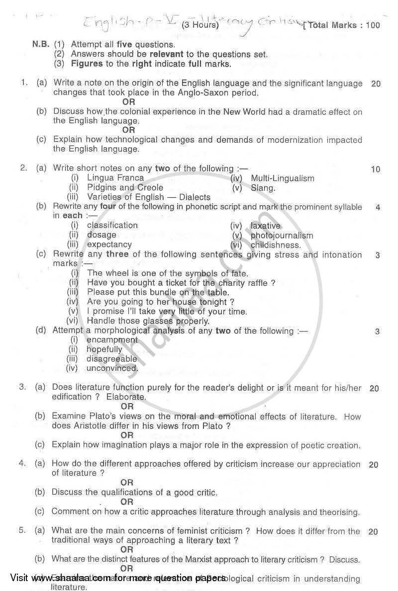 English Language and Literary Criticism 2011-2012 - B.A. - 3rd Year (TYBA) - University of Mumbai question paper with PDF download
