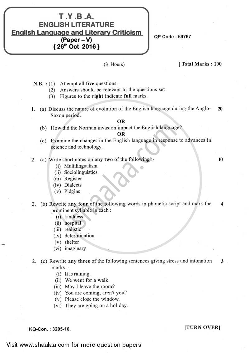 English Language and Literary Criticism 2016-2017 - B.A. - 3rd Year (TYBA) - University of Mumbai question paper with PDF download