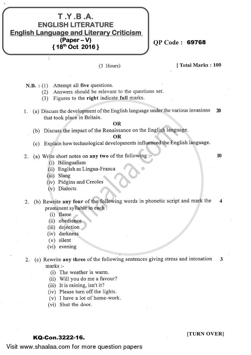 English Language and Literary Criticism 2016-2017 - B.A. - 3rd Year (TYBA) - University of Mumbai question paper with PDF download