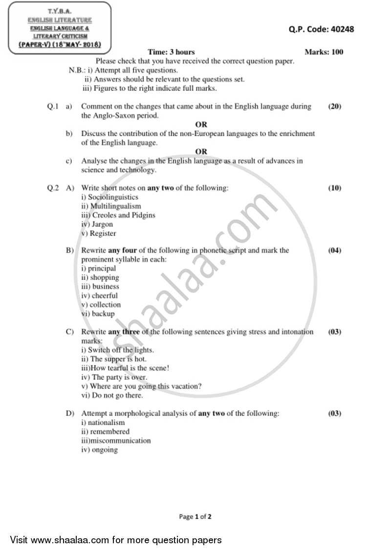 English Language and Literary Criticism 2017-2018 - B.A. - 3rd Year (TYBA) - University of Mumbai question paper with PDF download