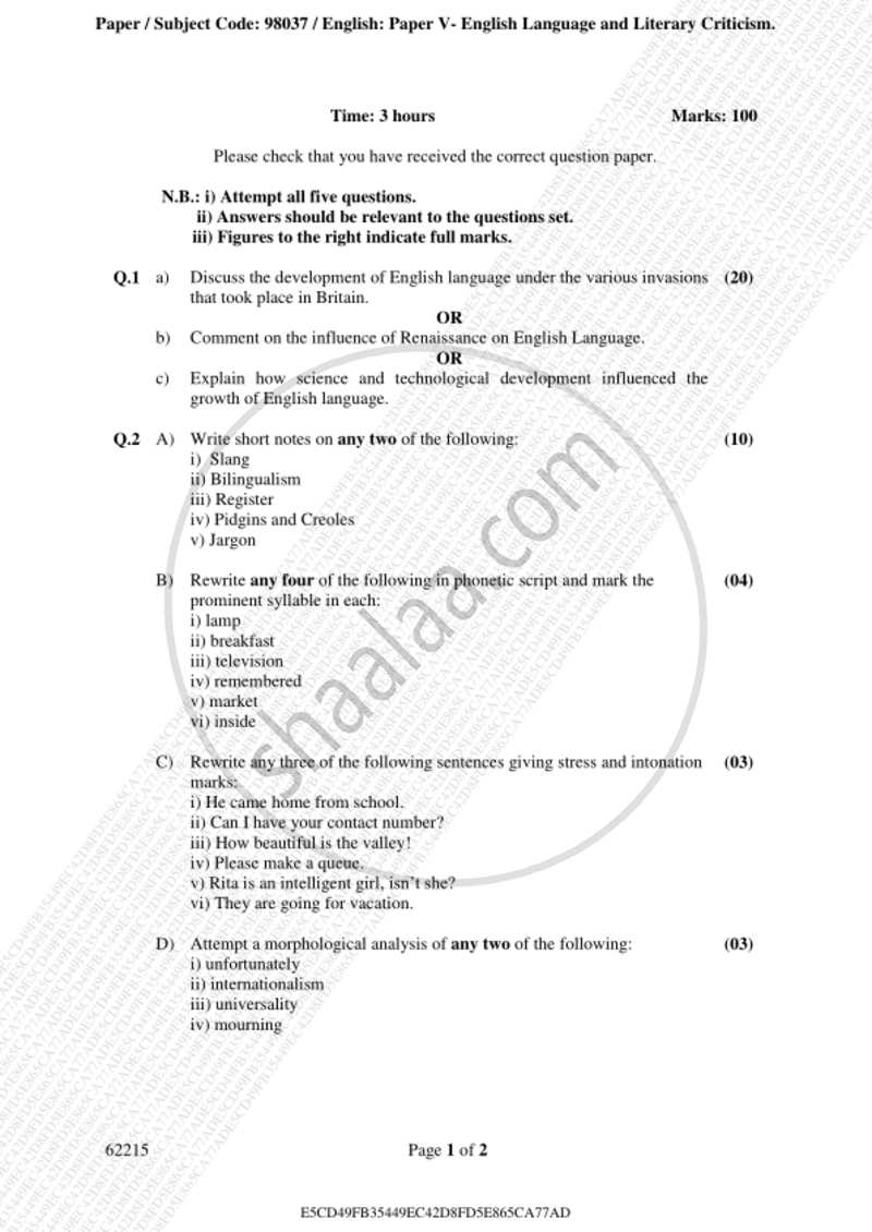 English Language and Literary Criticism 2018-2019 - B.A. - 3rd Year (TYBA) - University of Mumbai question paper with PDF download
