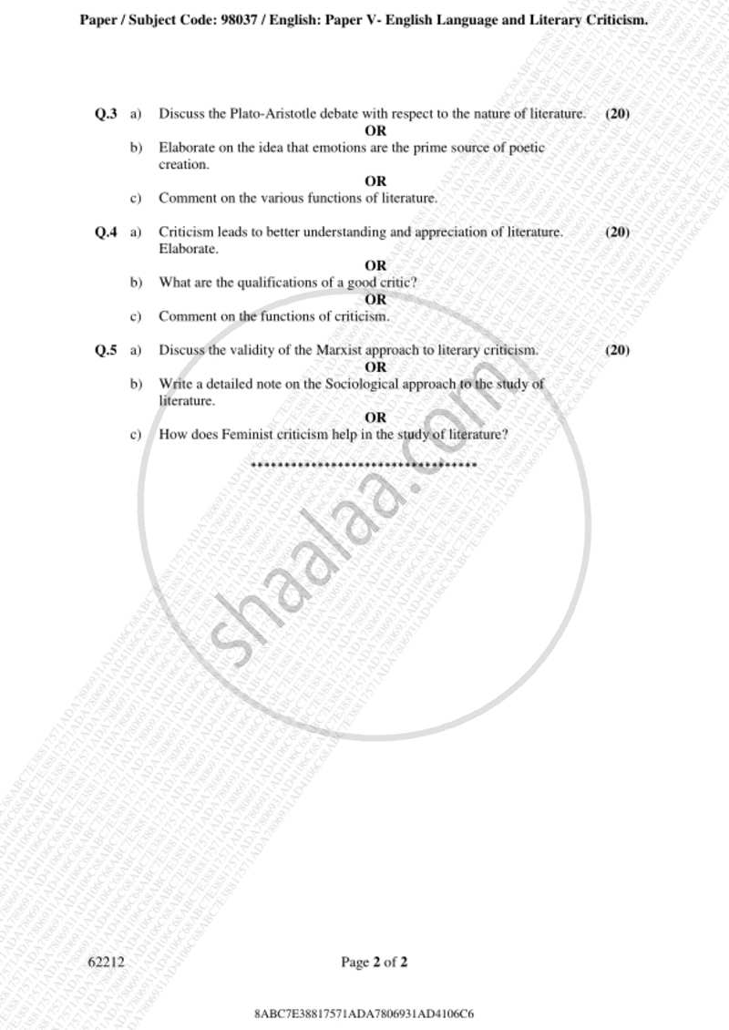 English Language and Literary Criticism 2018-2019 - B.A. - 3rd Year (TYBA) - University of Mumbai question paper with PDF download