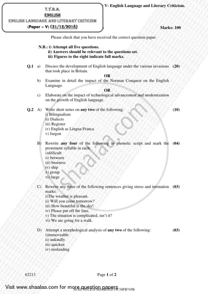 English Language and Literary Criticism 2018-2019 - B.A. - 3rd Year (TYBA) - University of Mumbai question paper with PDF download