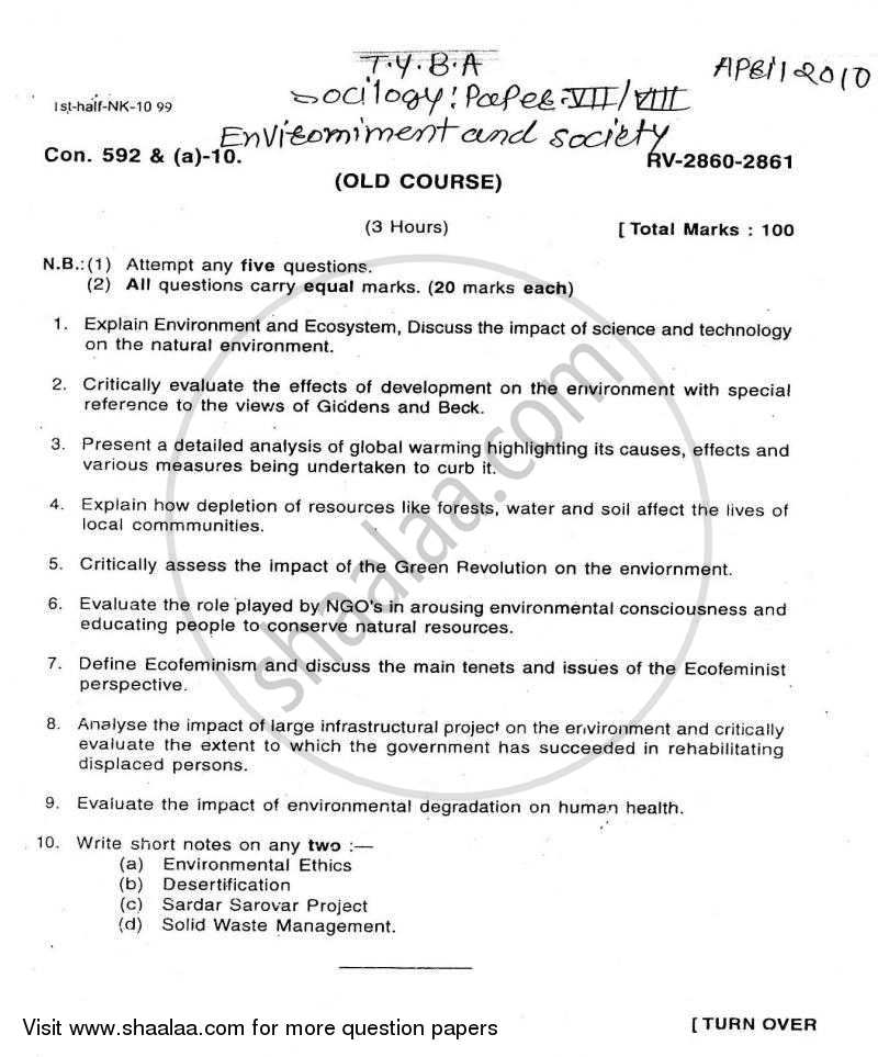 Environment and Society 2009-2010 - B.A. - Semester 6 (TYBA) - University of Mumbai question paper with PDF download