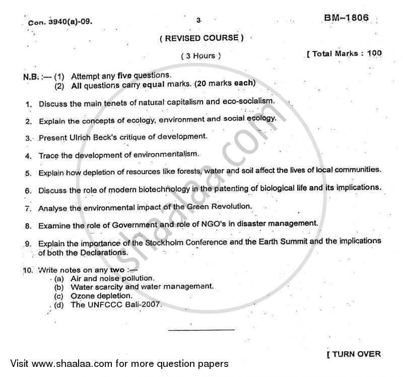 Environment and Society 2009-2010 - B.A. - Semester 6 (TYBA) - University of Mumbai question paper with PDF download
