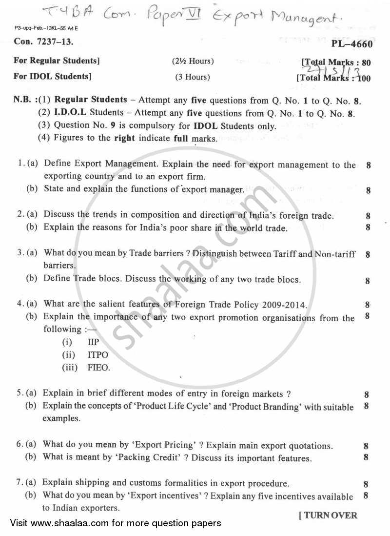 Export Management 2012-2013 - B.A. - 3rd Year (TYBA) - University of Mumbai question paper with PDF download