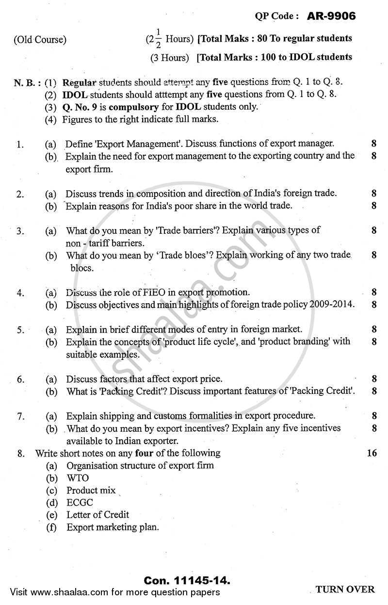 Export Management 2013-2014 - B.A. - 3rd Year (TYBA) - University of Mumbai question paper with PDF download