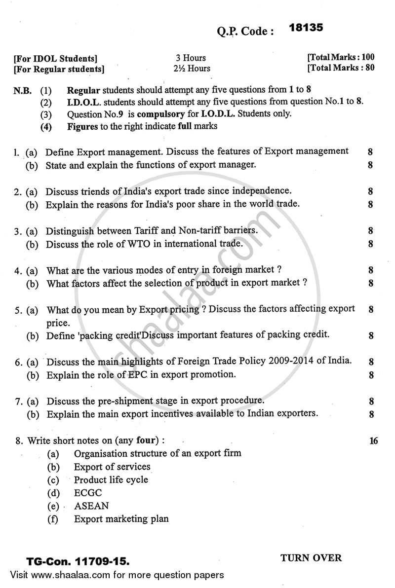 Export Management 2014-2015 - B.A. - 3rd Year (TYBA) - University of Mumbai question paper with PDF download