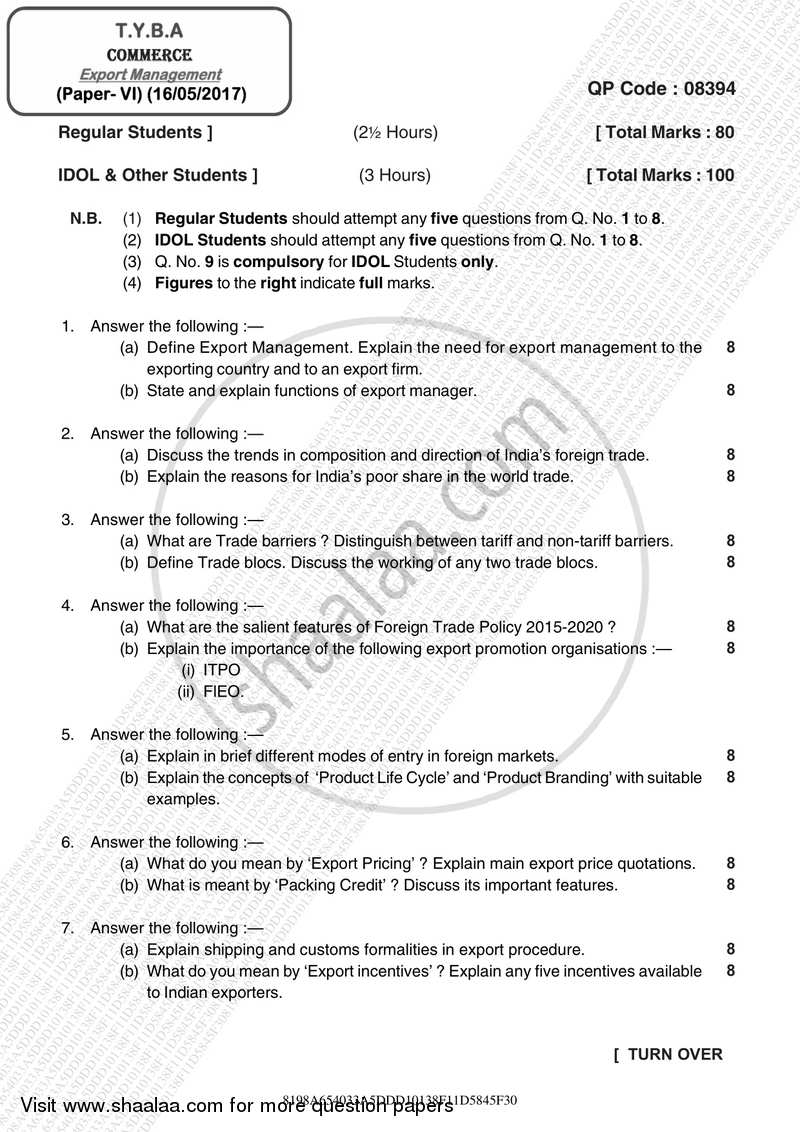 Export Management 2016-2017 - B.A. - 3rd Year (TYBA) - University of Mumbai question paper with PDF download