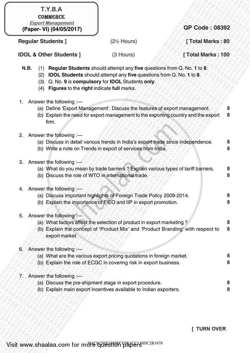 Export Management 2016-2017 - B.A. - 3rd Year (TYBA) - University of Mumbai question paper with PDF download