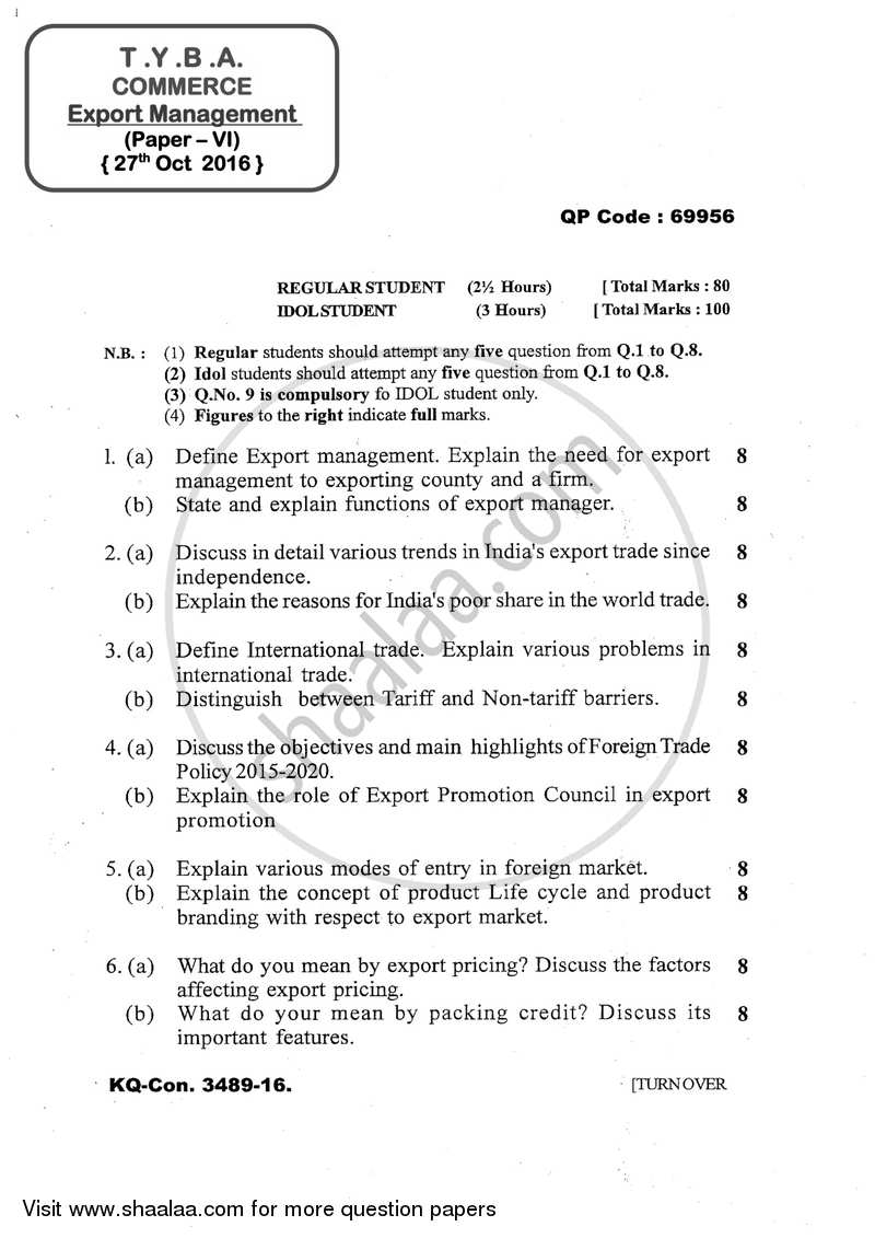 Export Management 2016-2017 - B.A. - 3rd Year (TYBA) - University of Mumbai question paper with PDF download