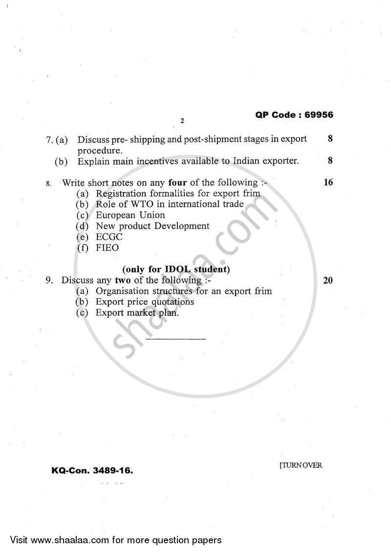 Export Management 2016-2017 - B.A. - 3rd Year (TYBA) - University of Mumbai question paper with PDF download