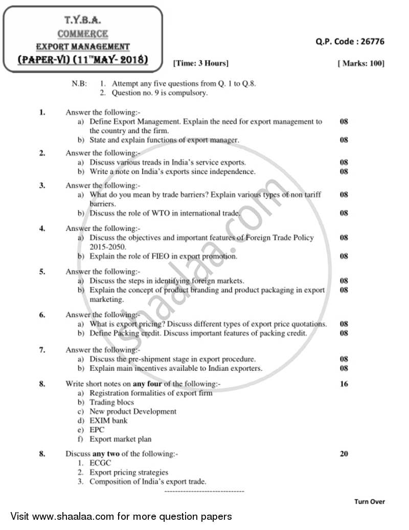 Export Management 2017-2018 - B.A. - 3rd Year (TYBA) - University of Mumbai question paper with PDF download