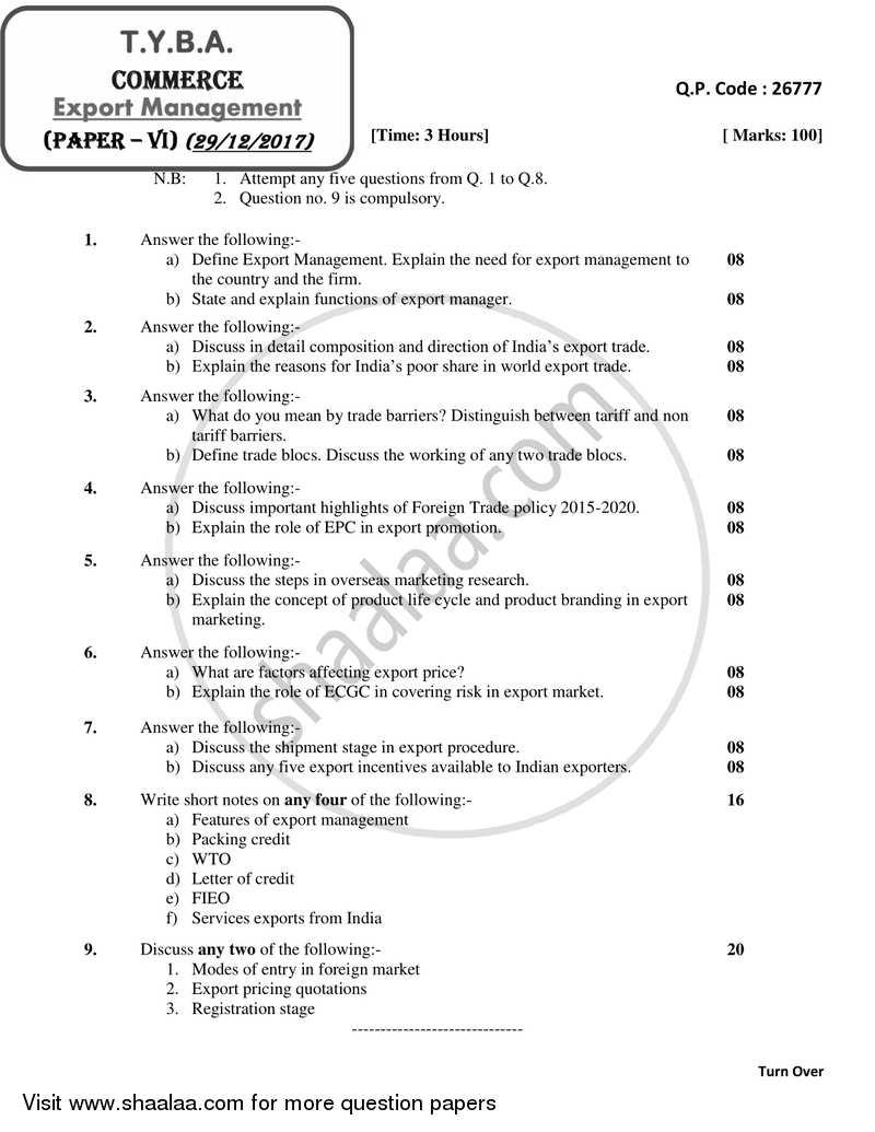 Export Management 2017-2018 - B.A. - 3rd Year (TYBA) - University of Mumbai question paper with PDF download