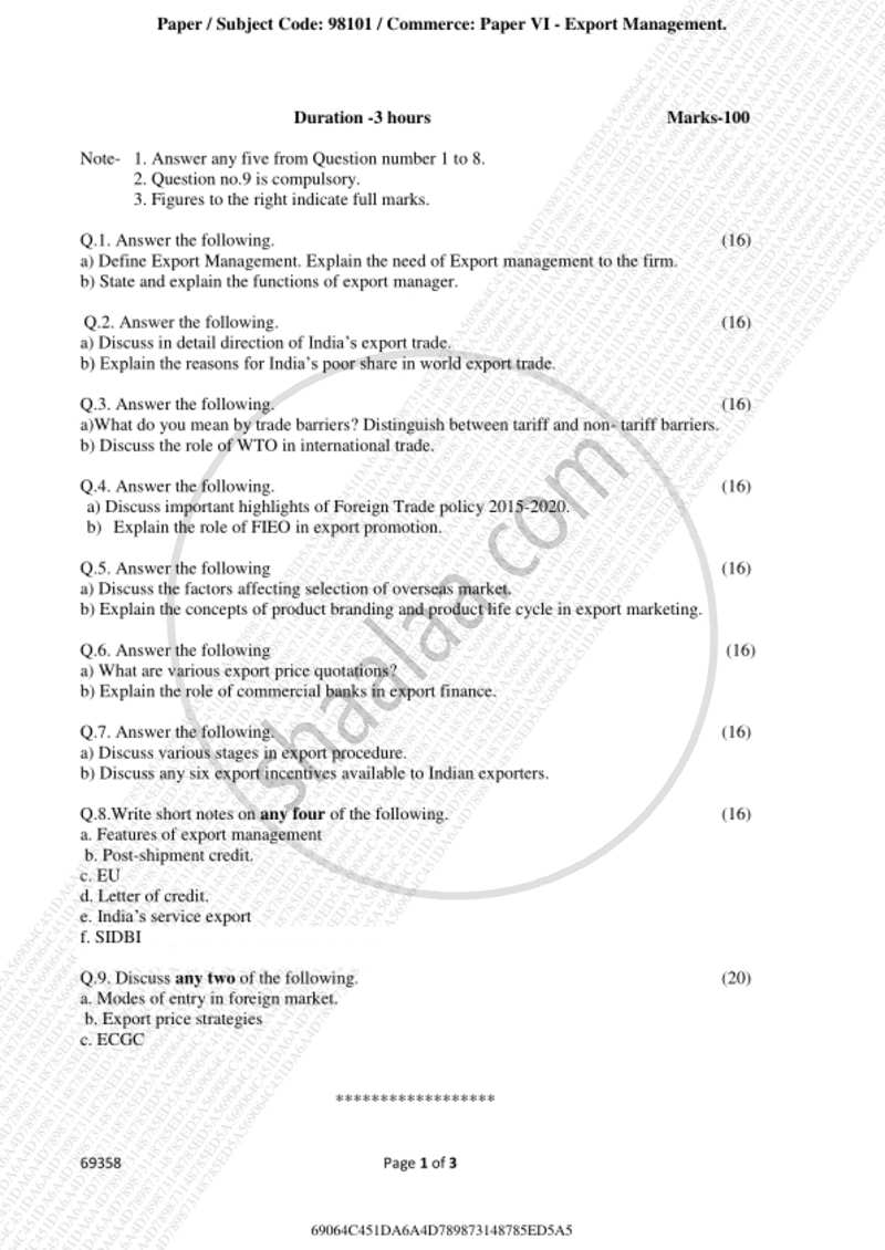 Export Management 2018-2019 - B.A. - 3rd Year (TYBA) - University of Mumbai question paper with PDF download