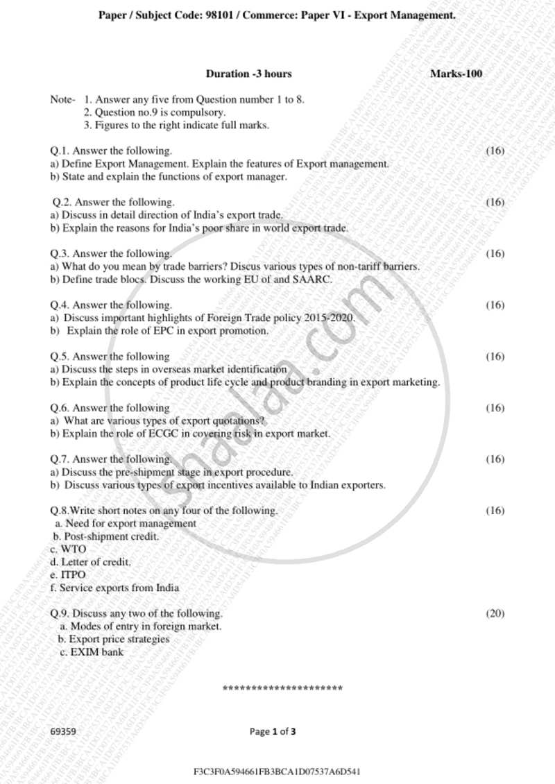 Export Management 2018-2019 - B.A. - 3rd Year (TYBA) - University of Mumbai question paper with PDF download