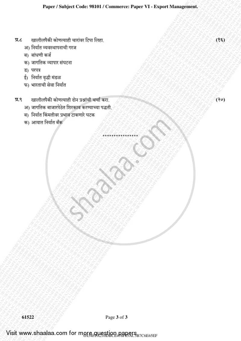 Export Management 2018-2019 - B.A. - 3rd Year (TYBA) - University of Mumbai question paper with PDF download