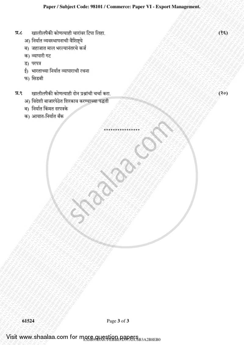 Export Management 2018-2019 - B.A. - 3rd Year (TYBA) - University of Mumbai question paper with PDF download