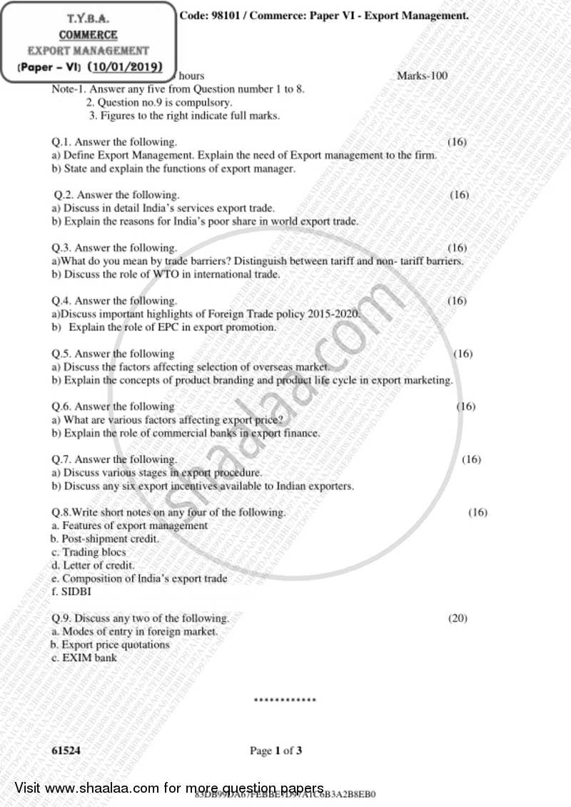 Export Management 2018-2019 - B.A. - 3rd Year (TYBA) - University of Mumbai question paper with PDF download