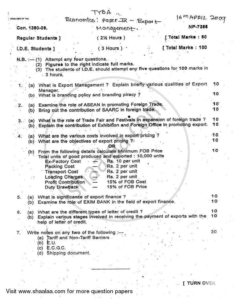 Export Management 2008-2009 - B.A. - 3rd Year (TYBA) - University of Mumbai question paper with PDF download