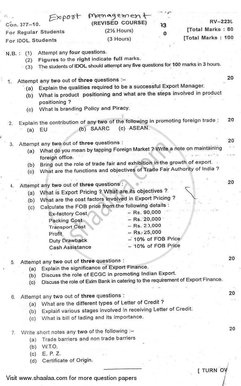 Export Management 2009-2010 - B.A. - 3rd Year (TYBA) - University of Mumbai question paper with PDF download