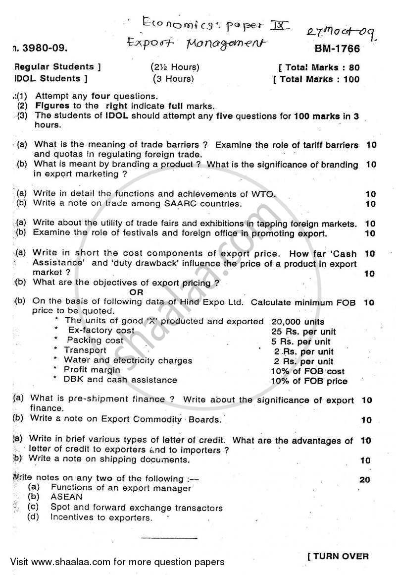 Export Management 2009-2010 - B.A. - 3rd Year (TYBA) - University of Mumbai question paper with PDF download