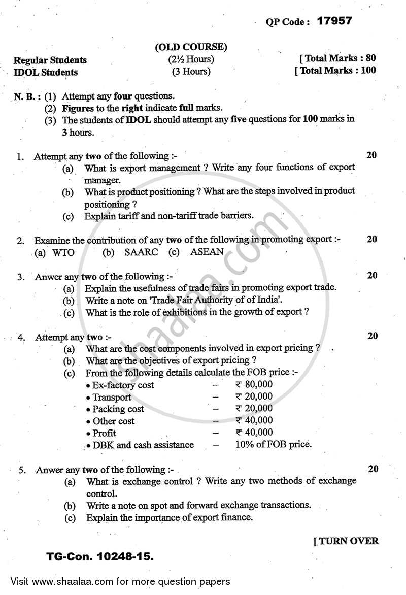 Export Management 2014-2015 - B.A. - 3rd Year (TYBA) - University of Mumbai question paper with PDF download