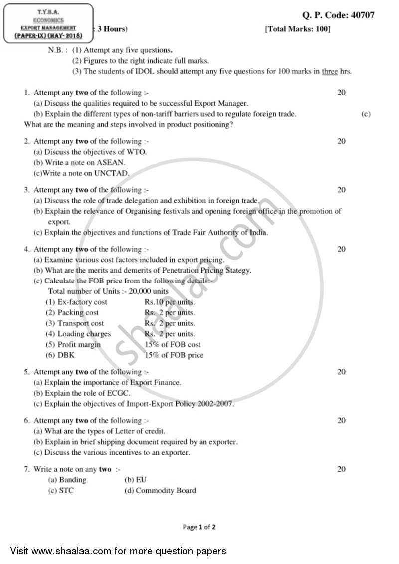 Export Management 2017-2018 - B.A. - 3rd Year (TYBA) - University of Mumbai question paper with PDF download