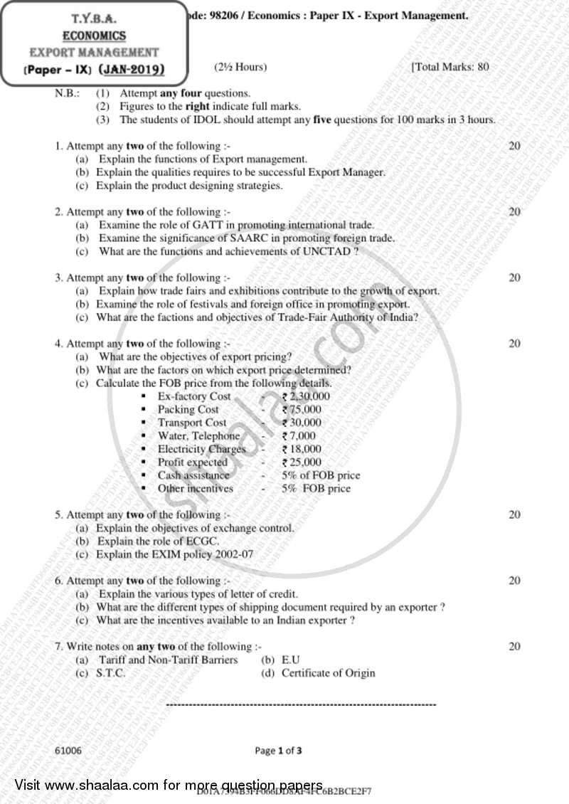 Export Management 2018-2019 - B.A. - 3rd Year (TYBA) - University of Mumbai question paper with PDF download