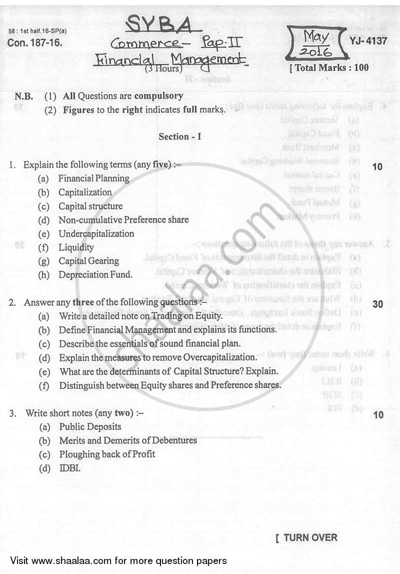 Financial Management 2015-2016 - B.A. - 2nd Year (SYBA) - University of Mumbai question paper with PDF download