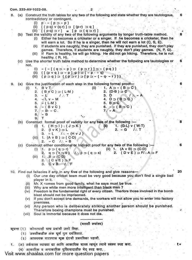 Formal Logic 2007-2008 - B.A. - 3rd Year (TYBA) - University of Mumbai question paper with PDF download