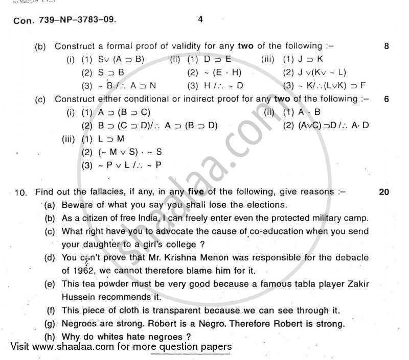 Formal Logic 2008-2009 - B.A. - 3rd Year (TYBA) - University of Mumbai question paper with PDF download
