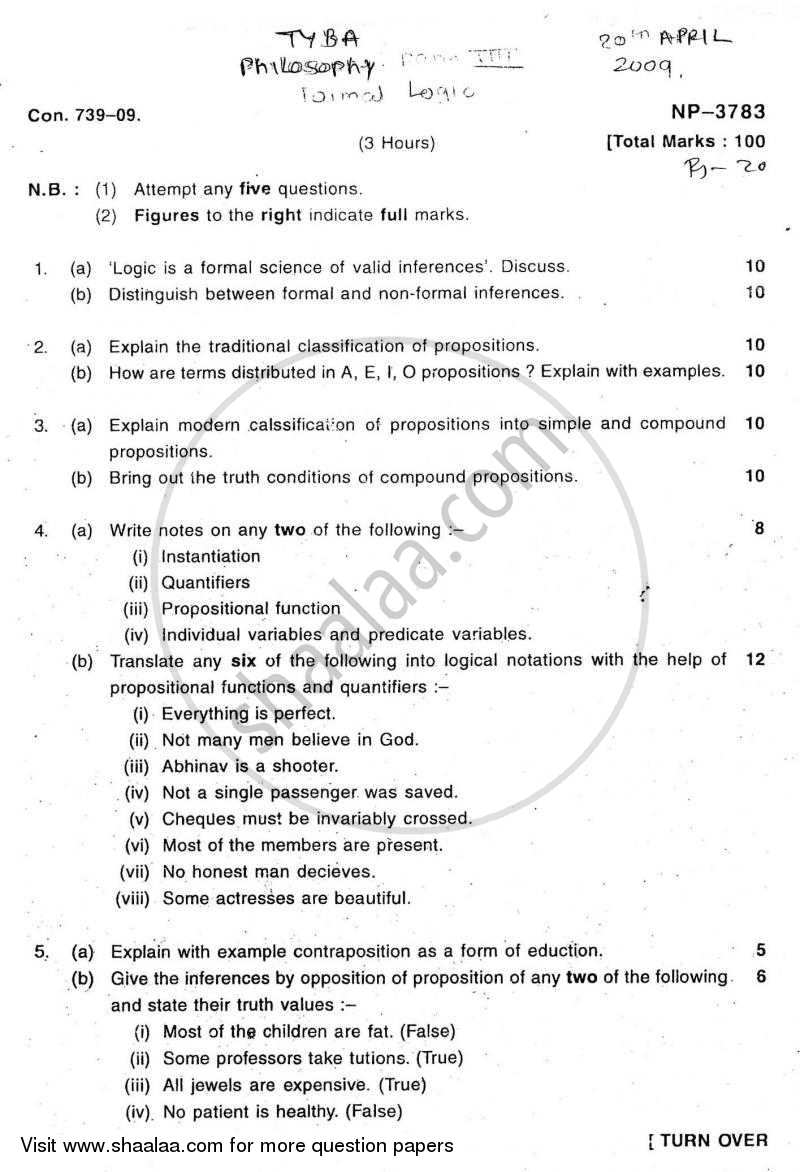 Formal Logic 2008-2009 - B.A. - 3rd Year (TYBA) - University of Mumbai question paper with PDF download