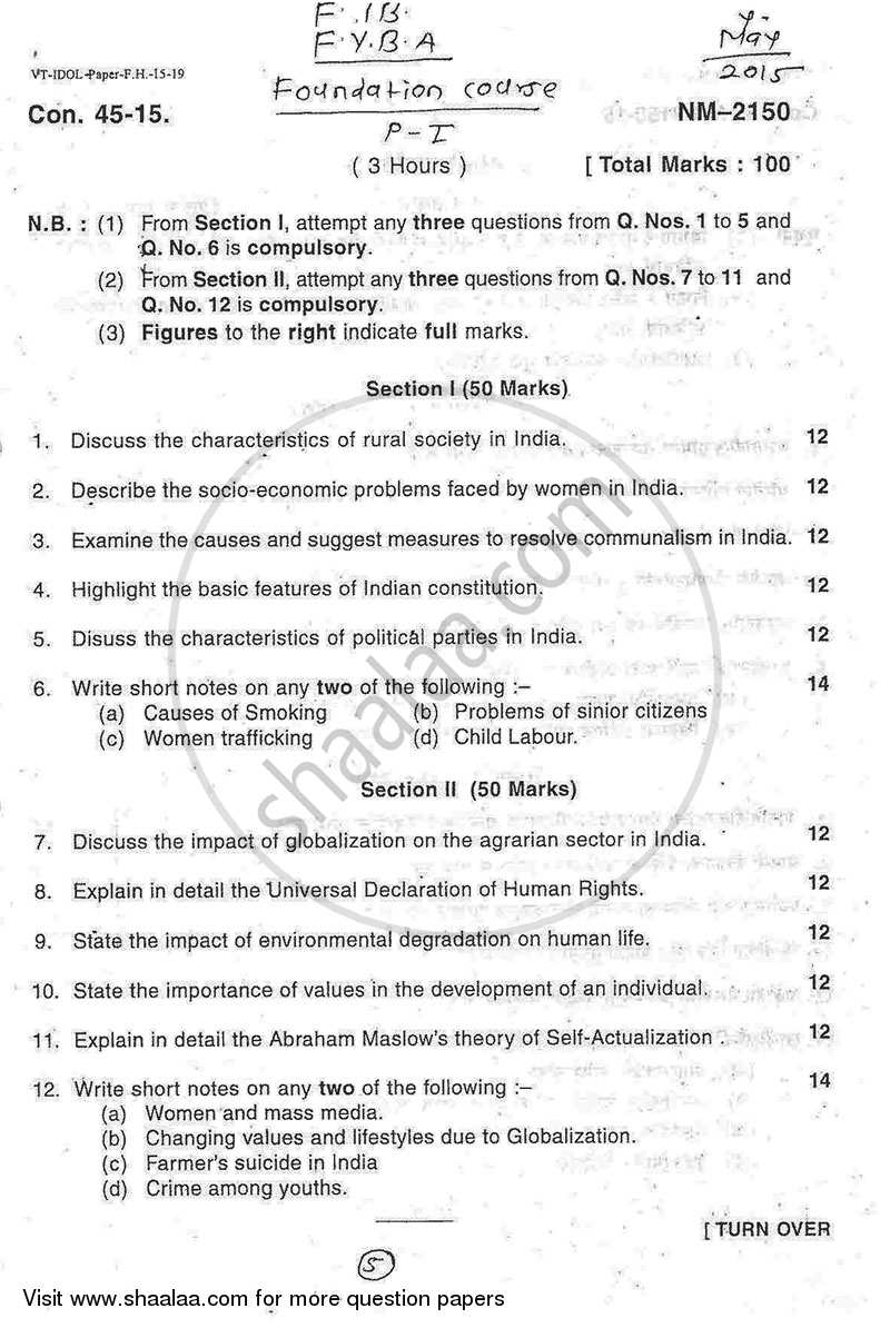 Foundation Course 1 2014-2015 - B.A. - 1st Year (FYBA) - University of Mumbai question paper with PDF download