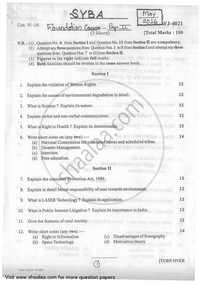 Foundation Course 2 2015-2016 - B.A. - 2nd Year (SYBA) - University of Mumbai question paper with PDF download