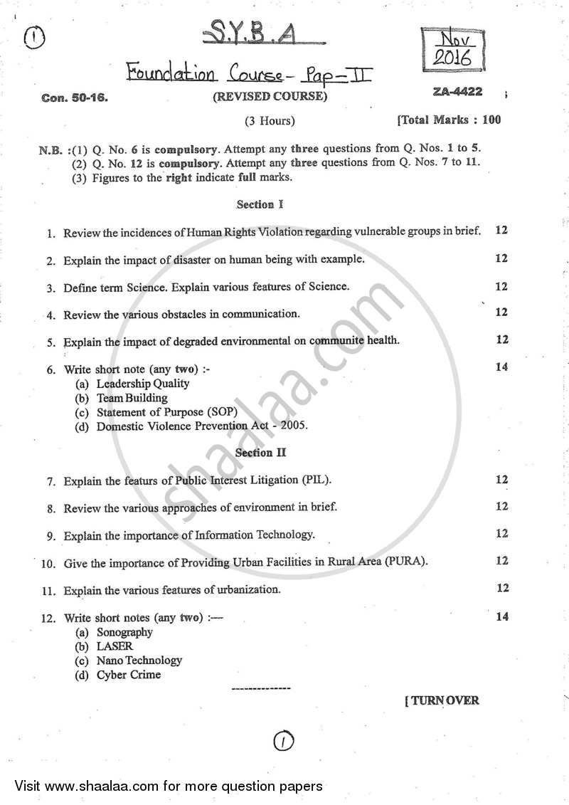 Foundation Course 2 2016-2017 - B.A. - 2nd Year (SYBA) - University of Mumbai question paper with PDF download