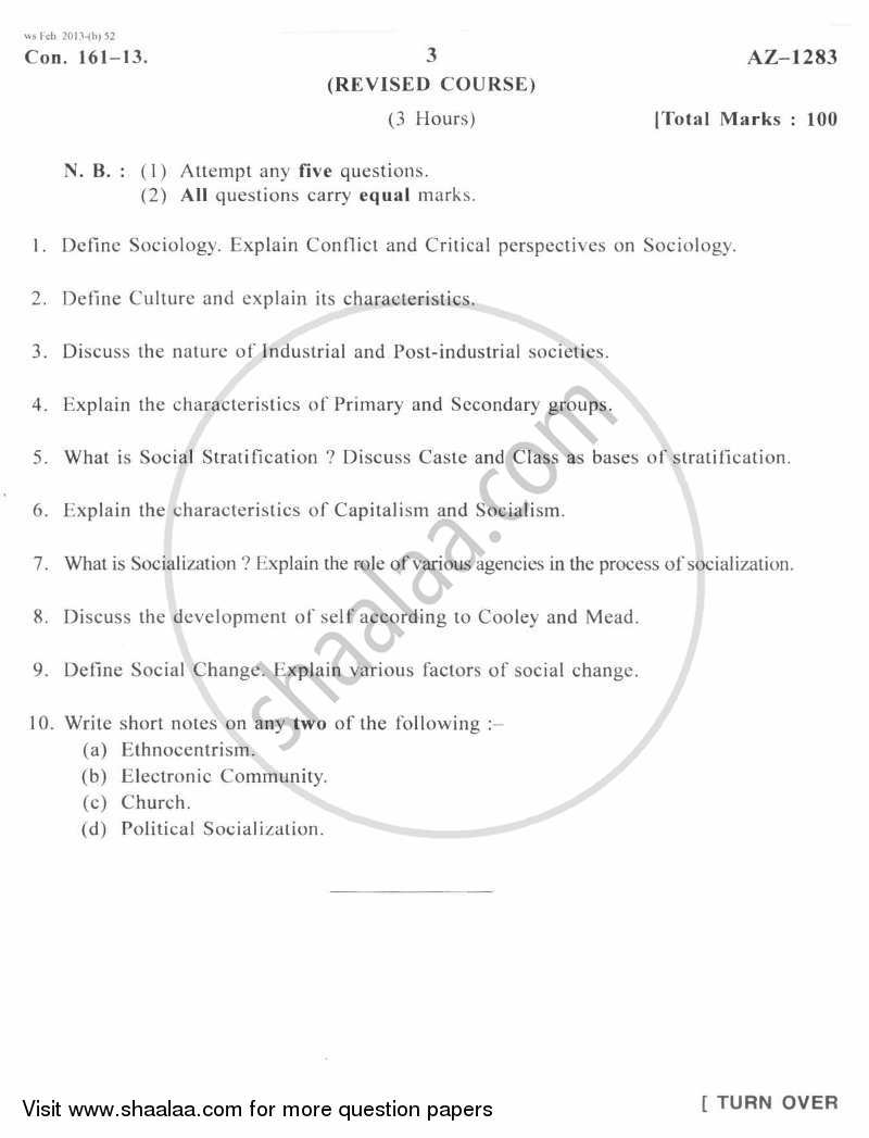 Foundation of Sociology 2012-2013 - B.A. - 1st Year (FYBA) - University of Mumbai question paper with PDF download