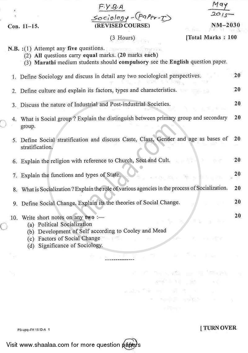 Foundation of Sociology 2014-2015 - B.A. - 1st Year (FYBA) - University of Mumbai question paper with PDF download
