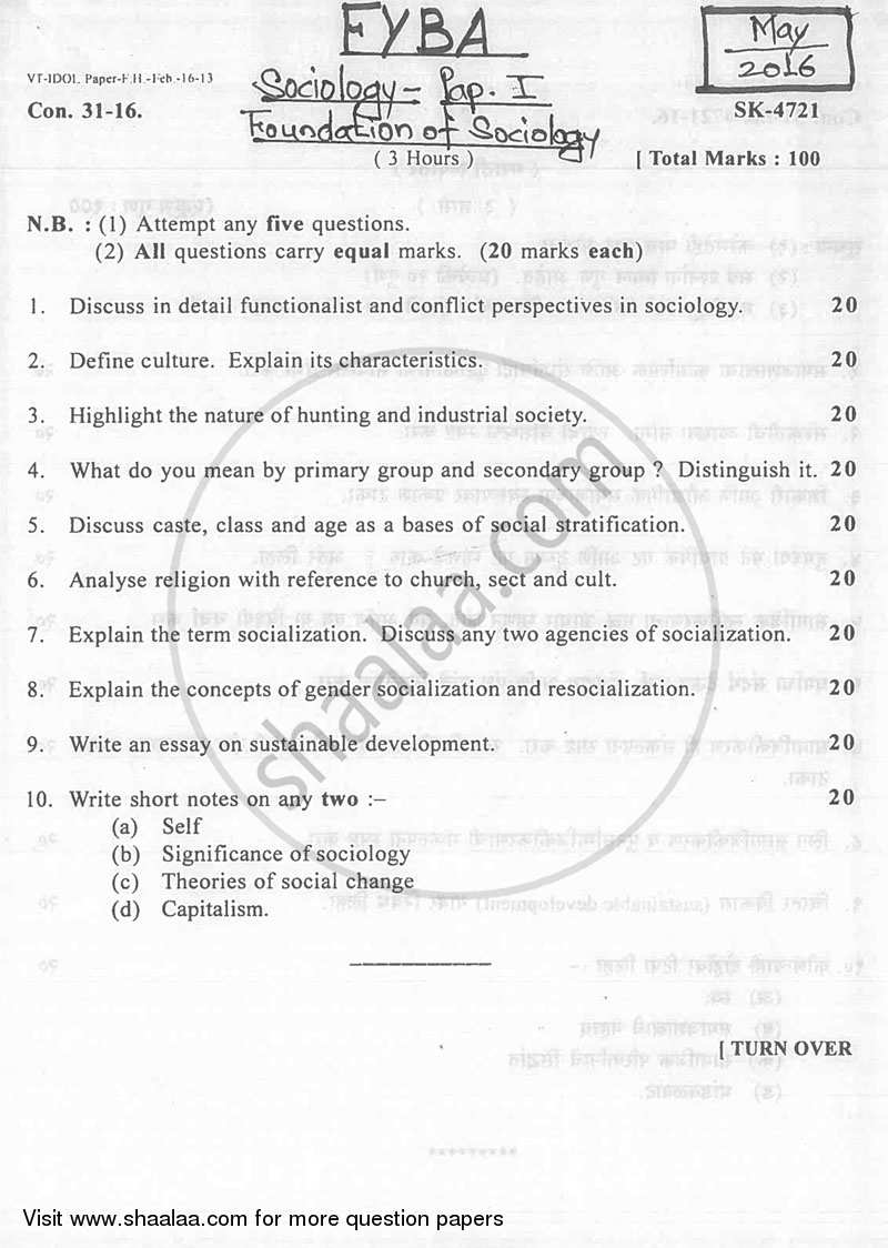 Foundation of Sociology 2015-2016 - B.A. - 1st Year (FYBA) - University of Mumbai question paper with PDF download